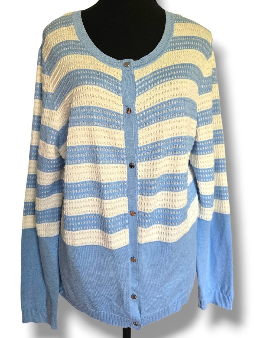 Calvin Klein Blue & White Knit Cardigan Women’s Large Button Front Sweater